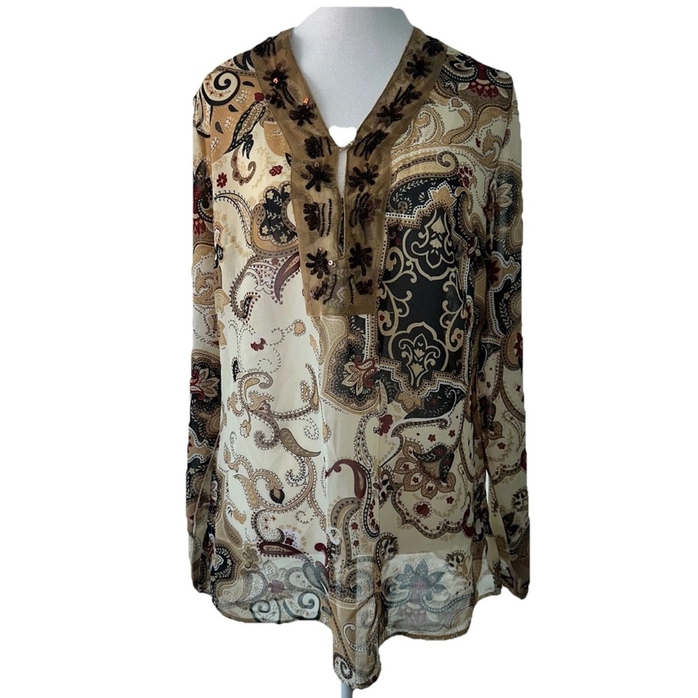 White Stag Women’s Paisley Embellished Blouse – Size Medium – Sheer Long Sleeve